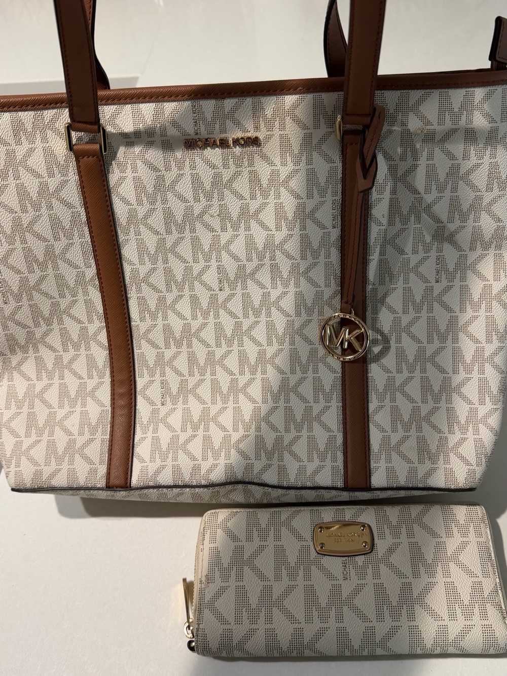 Michael Kors Cream & Tan Signature Tote Bag with Matching Wallet